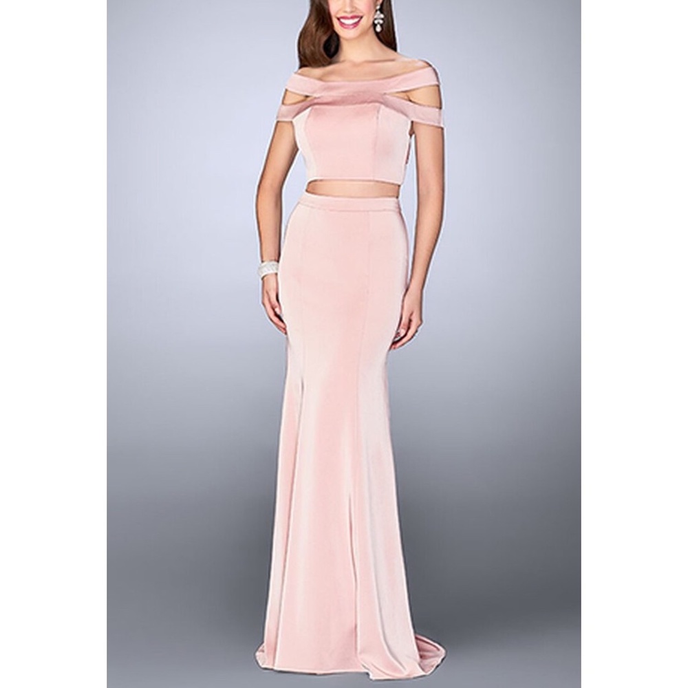 La Femme 24520 Off Shoulder Double Strap 2 Piece Jersey Dress, Size 2